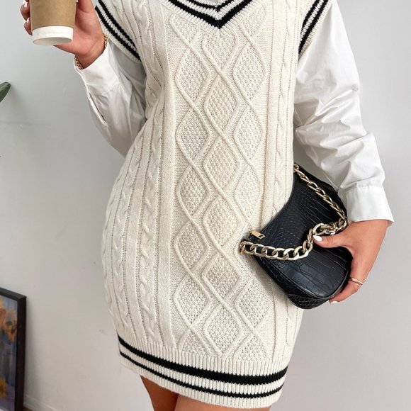 White Preppy Womens Striped Trim Cable Knit Sweater Dress - Picture 5 of 5
